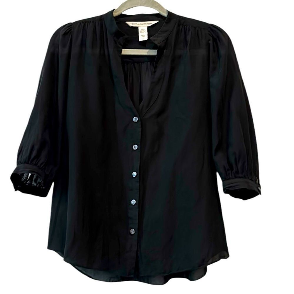Diane Von Furstenberg Black Silk Blend Pleated Sleeve Button Up Blouse Shirt Top